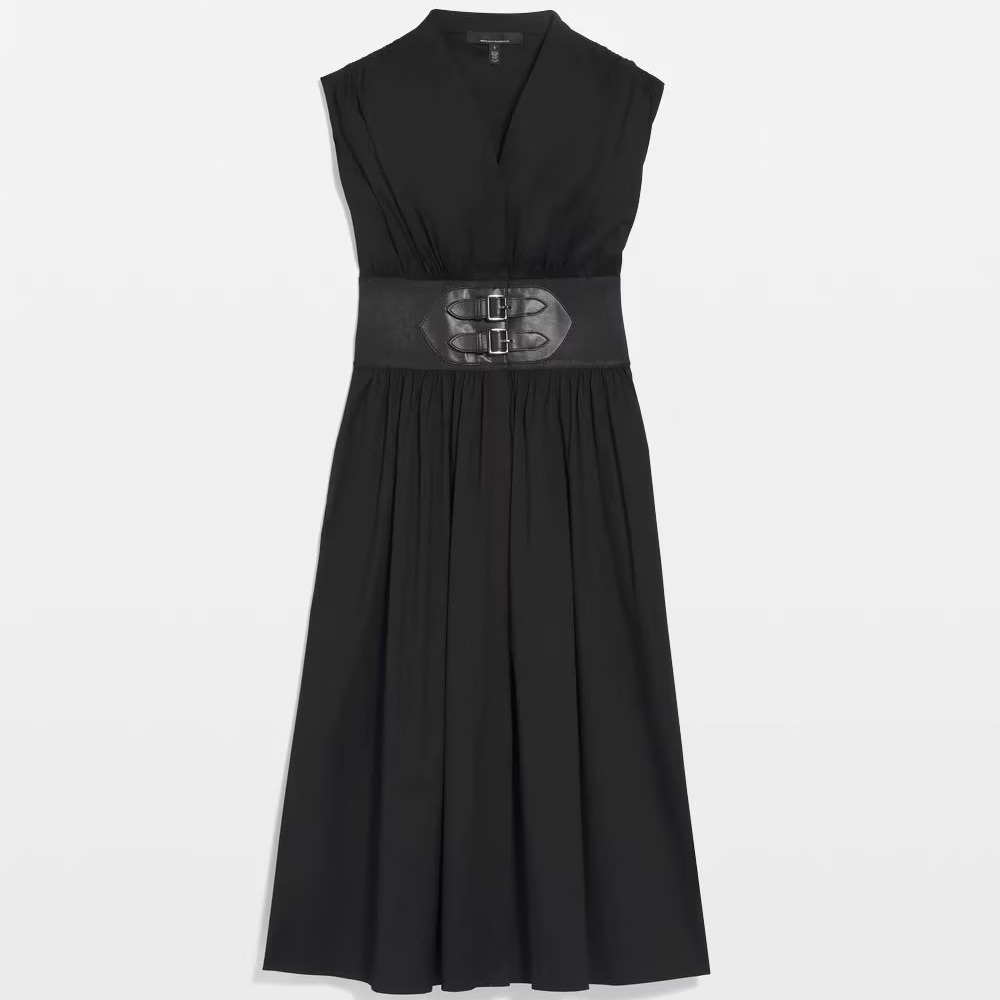 NWT - White House Black Market Petite Sz 4P Cap Sleeve Belted Midi Dress Black